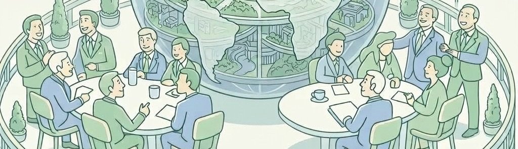 Line illustration: participants of different origins, women and men, talk around two meeting tables; one of them stands to speak.